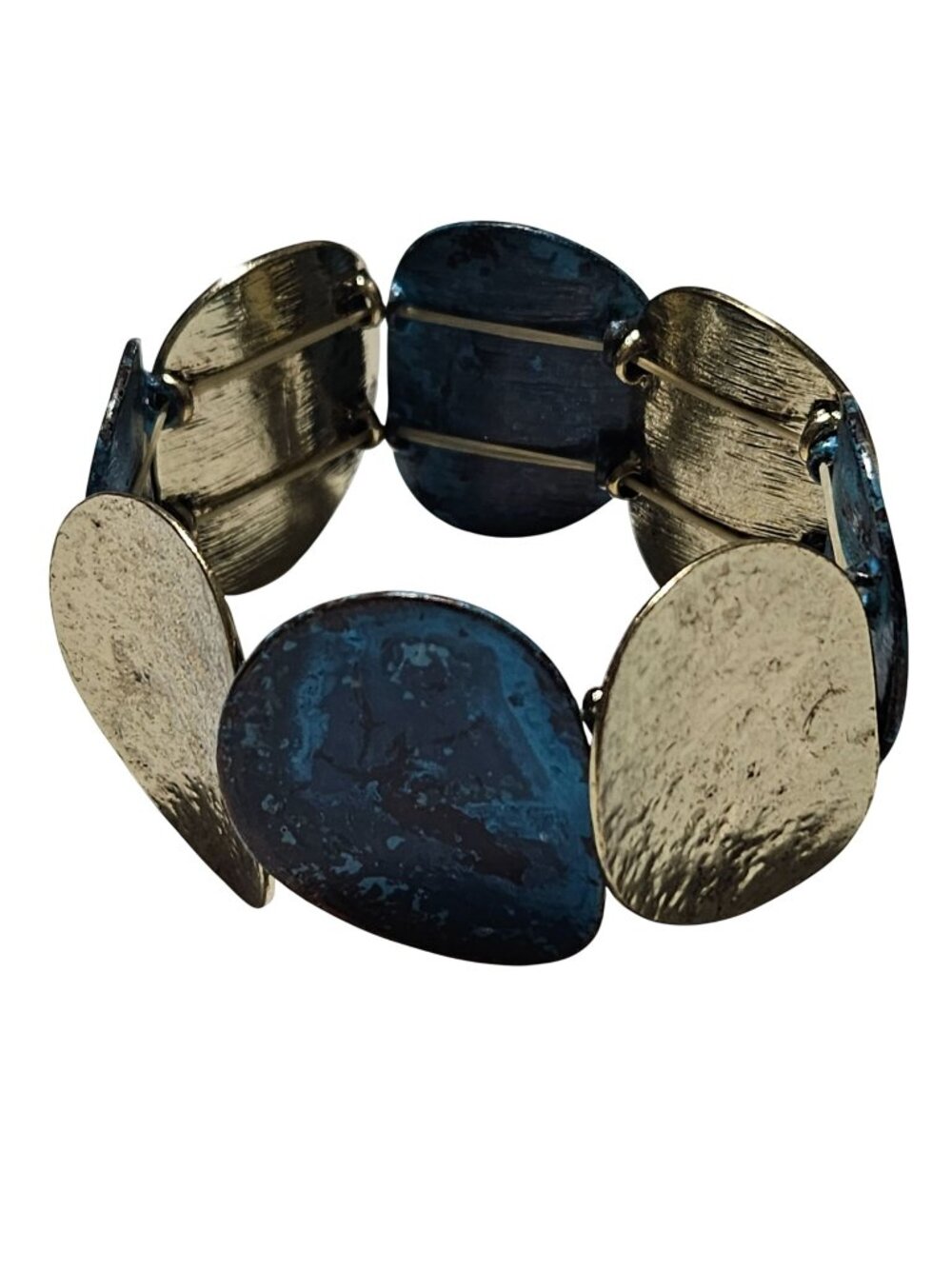 Vintage Oval Panel Bracelet Art Deco Textured Blue Gold Stretch Fashion Jewelry